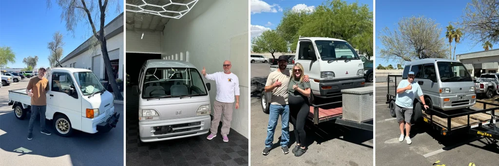 Arizona Kei Trucks happy customers picking up their new imported mini trucks in the Mesa AZ shop